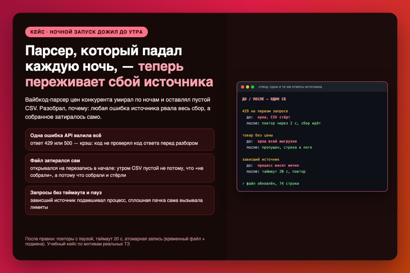 Стенд с одними и теми же ответами источника: до — крэш и стёртый CSV, после — повторы и файл обновлён, 74 строки